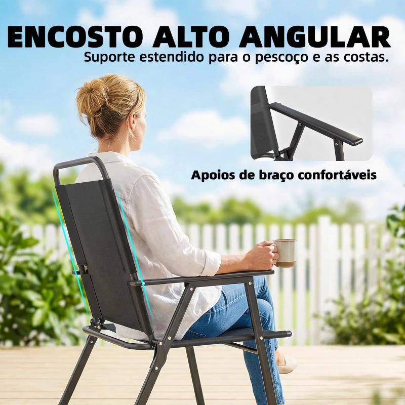 Outsunny Conjunto de 4 Cadeiras de Jardim Dobráveis com Encosto Alto e Apoios de Braços Tecido Textilene Respirável Preto