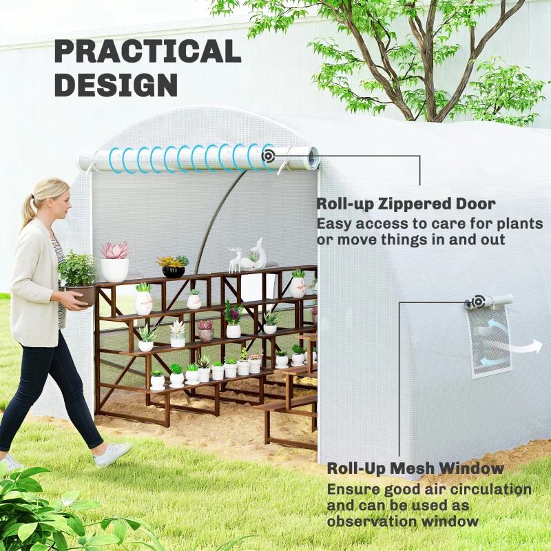 Outsunny 6 x 3 x 2 m Polytunnel Greenhouse, Walk-in Polytunnel Tent with Metal Frame, Zippered Door, and 8 Windows for Garden and Backyard, White