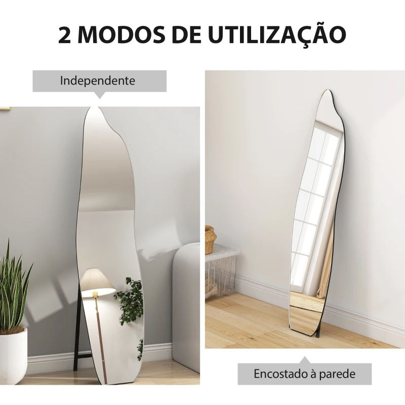 HOMCOM Espelho de Pé 160x40 cm sem Moldura Espelho de Corpo Inteiro Forma Irregular com Suporte Metálico Preto
