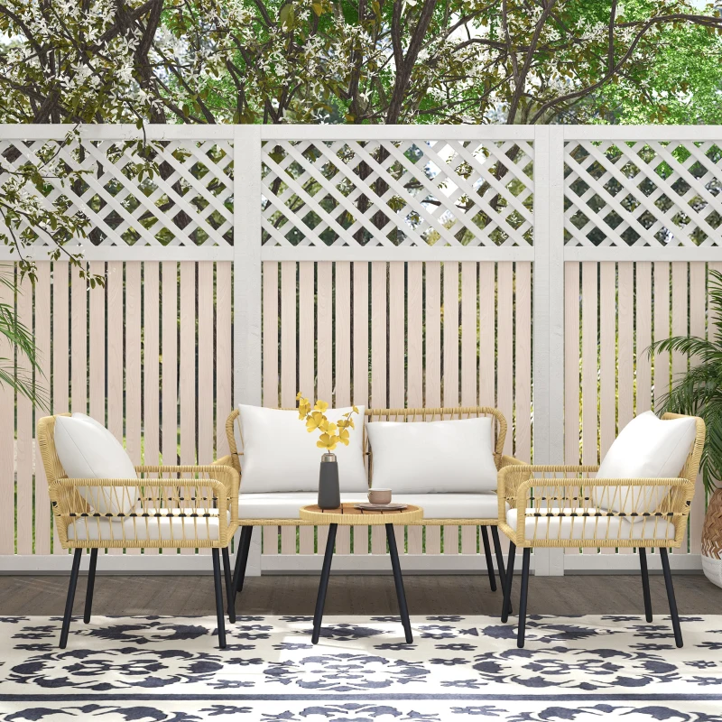 Outsunny Ensemble salon de jardin 4 pièces canapé 2 places 2 fauteuils avec 7 coussins 1 table basse ronde, résine tressée