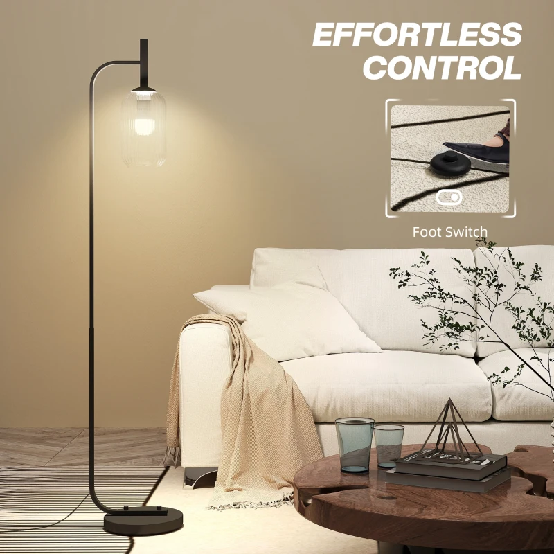 HOMCOM Floor Lamp for Living Room with Glass Lampshade, Modern Standing Lamp with Foot Switch for Bedroom, Bulb not Included, Black