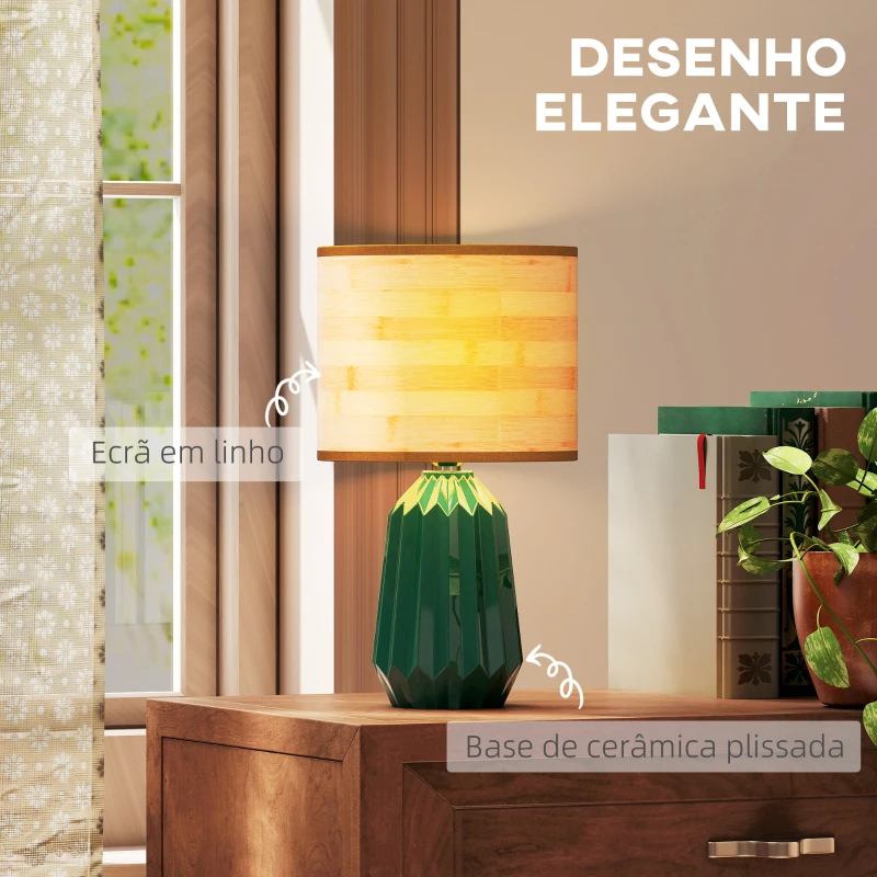 HOMCOM Candeeiro de Mesa com Base de Cerâmica e Ecrã de Linho Estilo Retro com Interruptor E27 40W Verde e Madeira