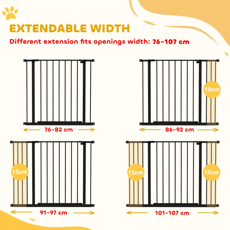 PawHut Dog Gate Pet Safety Gate Stair Barrier Pressure Fit Adjustable 76-82/86-97/101-107 cm, Black