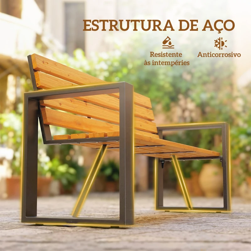 Outsunny Banco de Jardim Exterior de 2 Lugares com Encosto e Assento Ripado em Madeira e Estrutura de Aço 136x54x82 cm Madeira