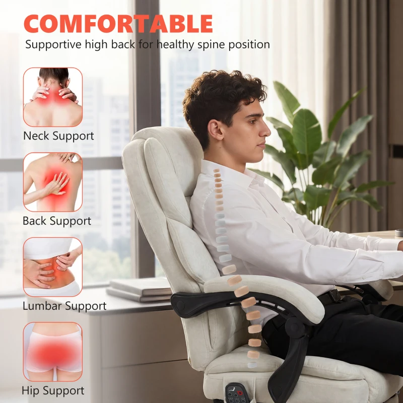 HOMCOM Office Chair with 6-point Vibration Massage and Heat, Fabric Desk Chair with Footrest, High Back, Cream White