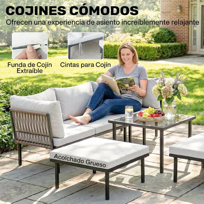 Outsunny Conjunto de Jardín Exterior de 6 Piezas con Sofá 2 Plazas Módulo de Esquina 2 Sillones Reposapiés Mesa de Vidrio Gris