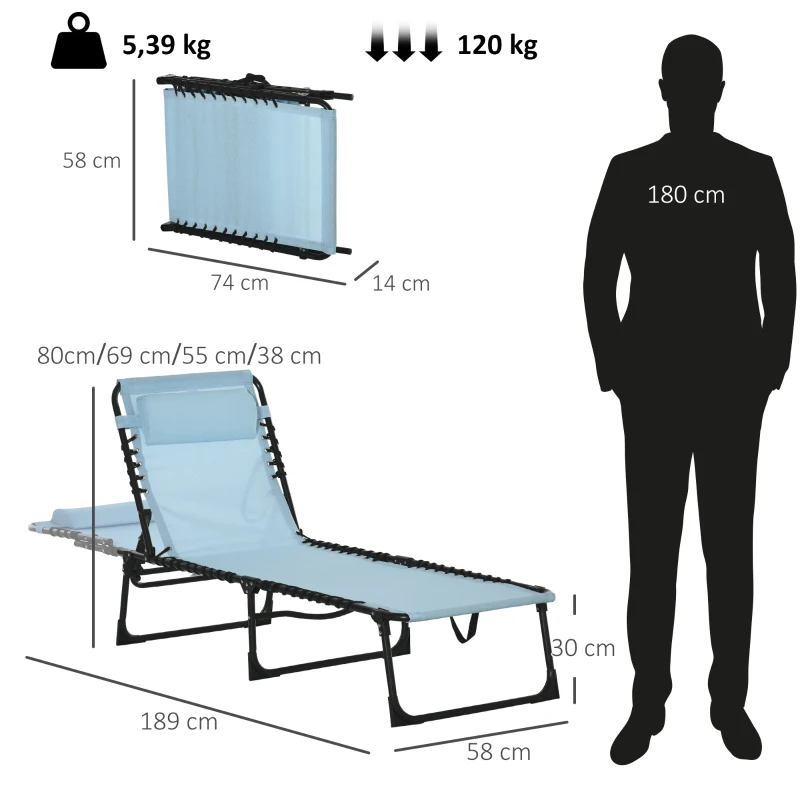 Outsunny Espreguiçadeira Dobrável com Apoio de Cabeça Reclinável 4 Posições e Estrutura em Aço 189x58x30 cm Azul Claro