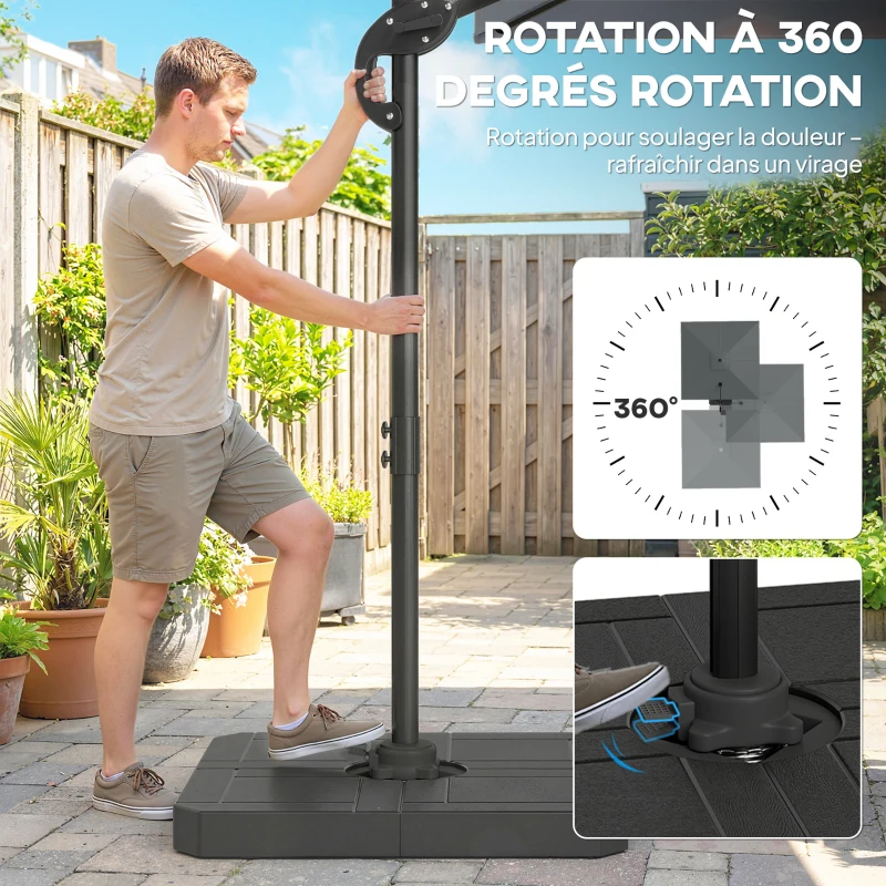 Outsunny Parasol déporté carré parasol de jardin extérieur pied et dalles de lestage mât aluminium protection UV50+2,4x2,4m gris