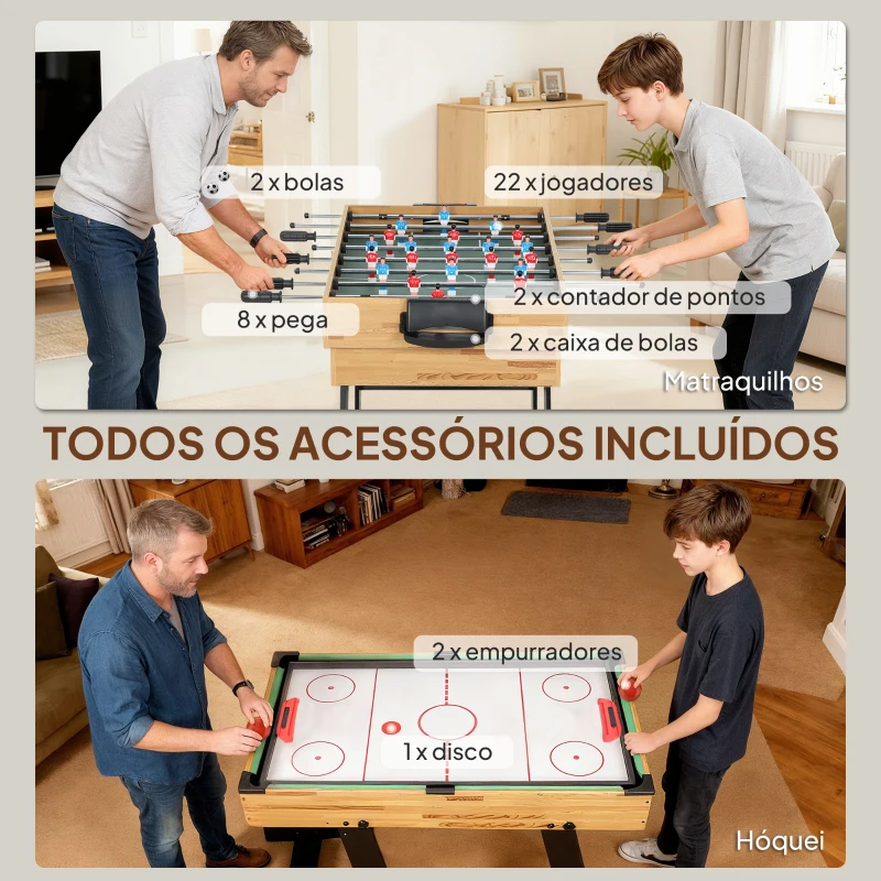 SPORTNOW Mesa Multijogos Dobrável 13 em 1 com Matraquilhos Ping Pong Xadrez Damas B e Acessórios 120x106x82 cm Madeira