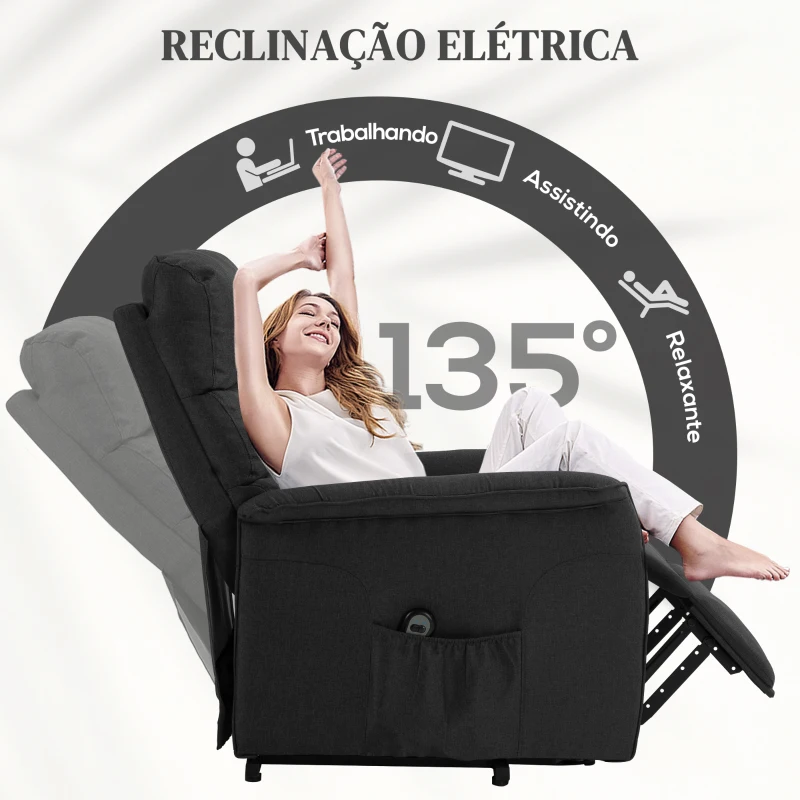 HOMCOM Poltrona Relax Reclinável Elétrica Poltrona Levanta Pessoas com Controlo Remoto e Bolso Lateral 66x90x96 cm Preto