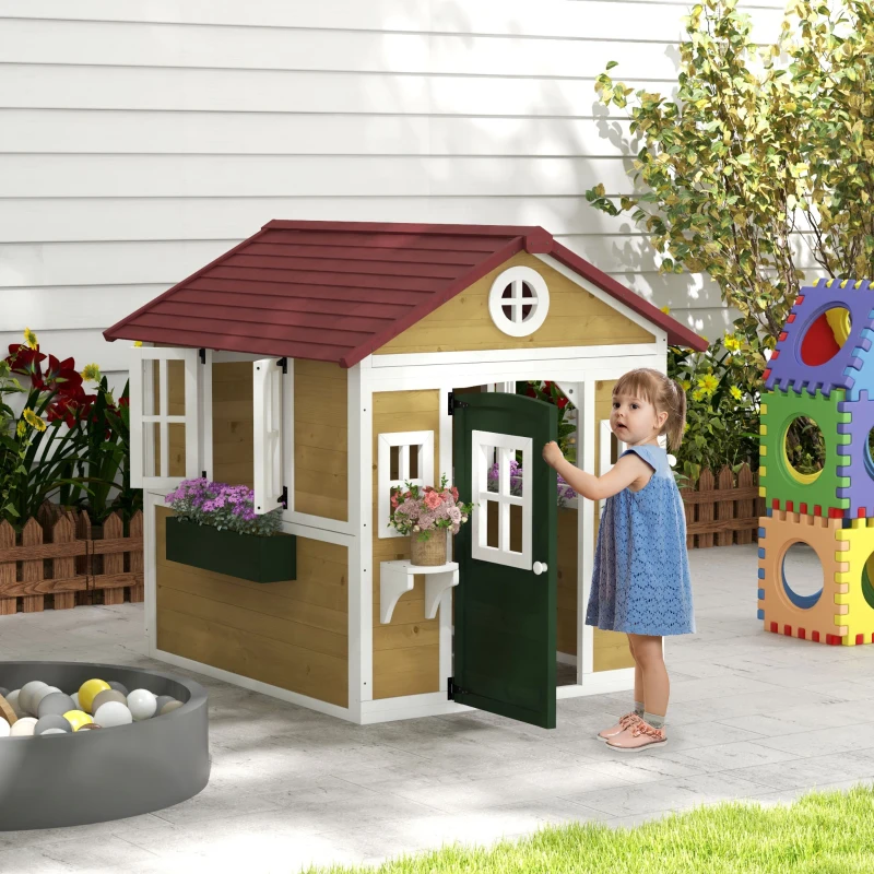 Outsunny Casinha de Madeira Infantil com Porta Janelas Floreiros e Prateleiras com Detalhes Coloridos 114x126,4x135 cm Natural