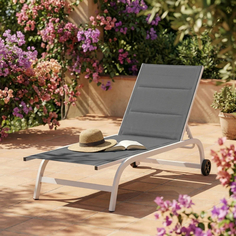 Outsunny Tumbona para Jardín con Ruedas, en Texteline con Armazón de Aluminio, Gris Oscuro y Blanco