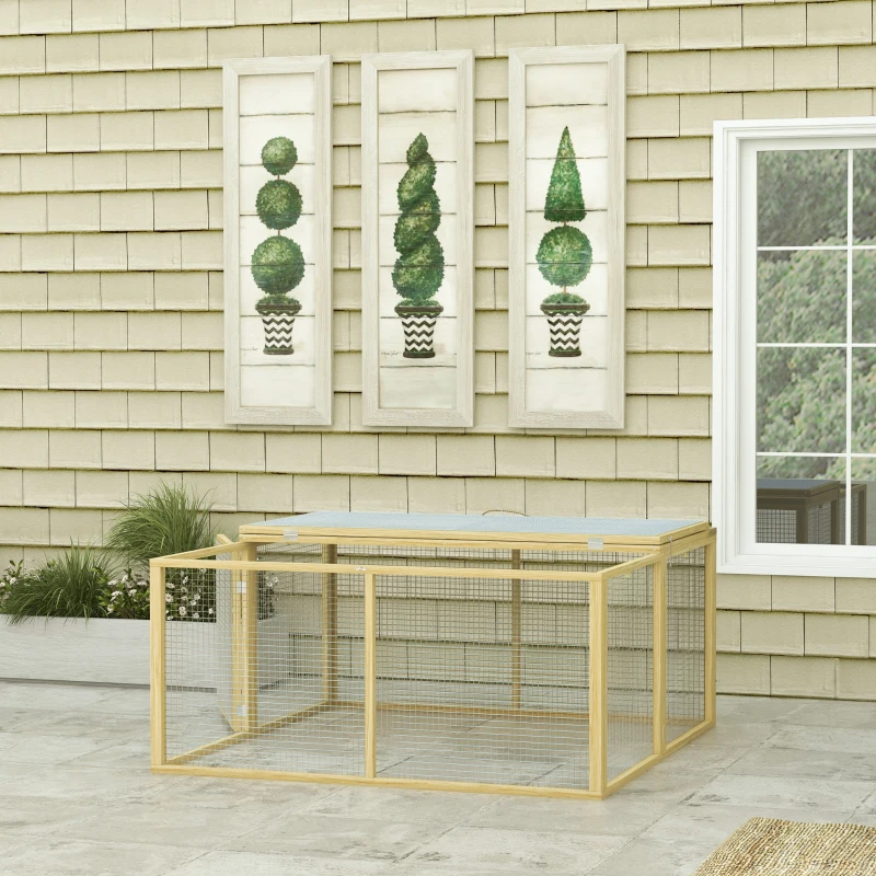 PawHut Wooden Folding Rabbit Hutch, for 2-3 Rabbits - Natural Wood