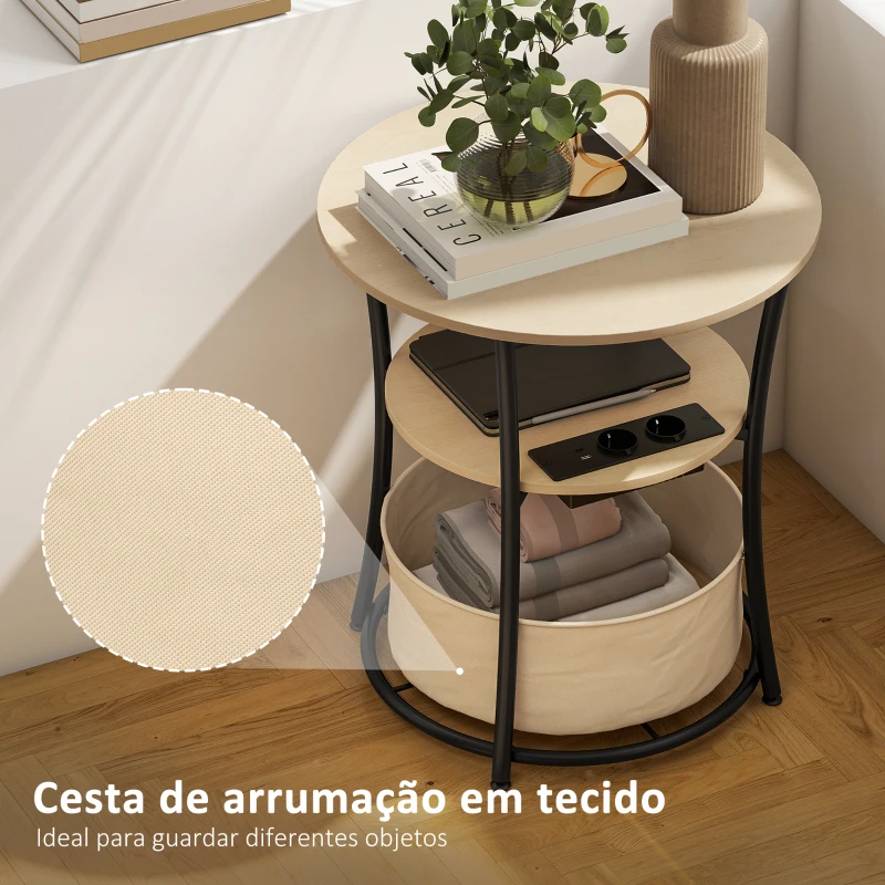 HOMCOM Mesa Auxiliar Redonda de 3 Níveis com Estação de Carregamento Mesa Auxiliar Industrial com 2 Prateleiras Abertas Ø50x55,1 cm Madeira e Preto