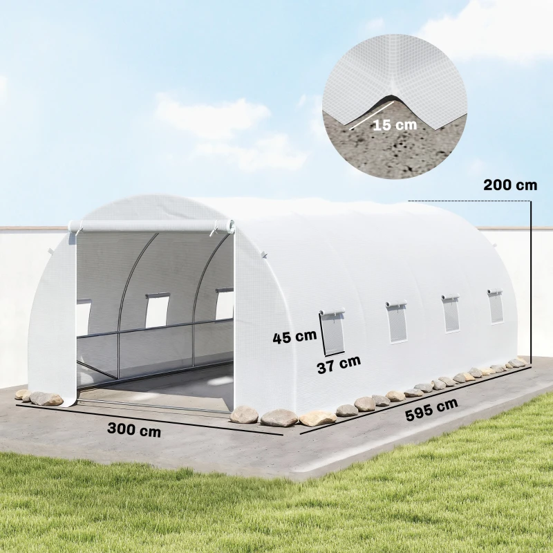 Outsunny 6 x 3 x 2 m Polytunnel Greenhouse, Walk-in Polytunnel Tent with Metal Frame, Zippered Door, and 8 Windows for Garden and Backyard, White