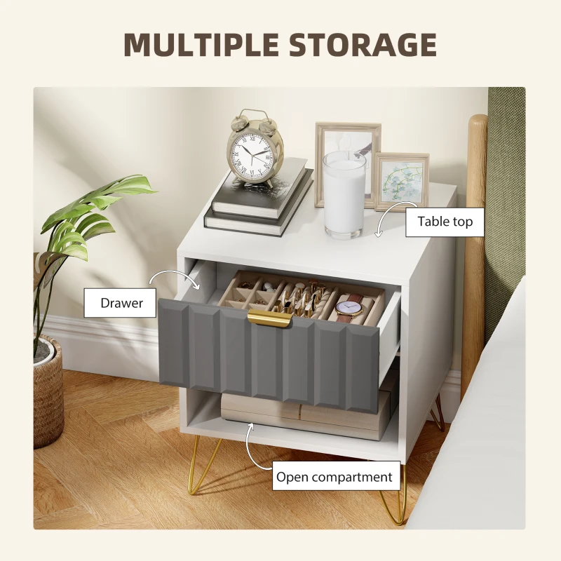 HOMCOM Bedside Table Modern Bedside Cabinet with Drawer and Open Compartment, 45 x 40 x 55, White