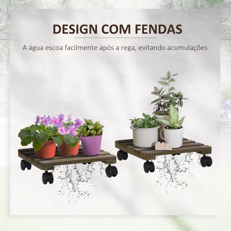 Outsunny Conjunto de 2 Suportes de Madeira com Rodas para Plantas Vasos de Interior e Exterior Carga 50 kg Castanho Escuro