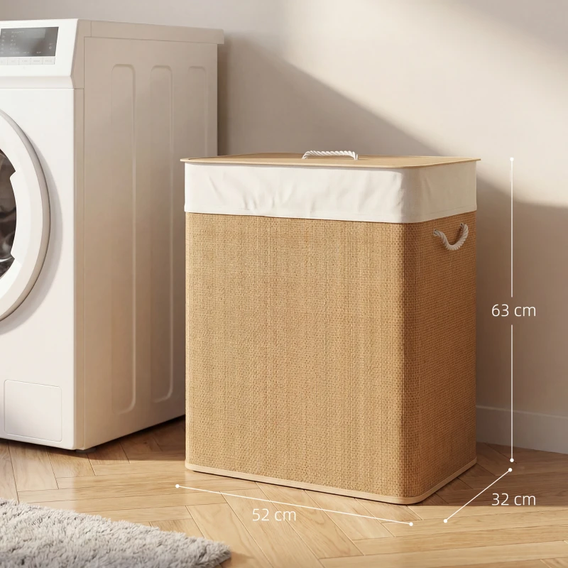 HOMCOM Double Laundry Basket with Lid, 100L Bamboo Laundry Hamper with Rope Handles, Washing Basket with Removable Liner for Bathroom, Bedroom, Brown