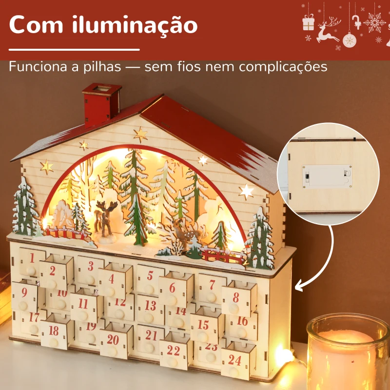 HOMCOM Calendário do Advento em Madeira com Luzes LED e 24 Gavetas Cena de Vila Decoração Natalícia 36x10x34 cm Madeira