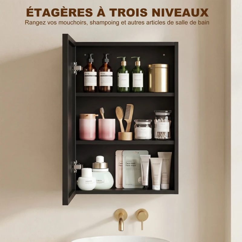 kleankin Armoire miroir de salle de bain armoire murale armoire à glace avec 1 porte et 2 étagères en acier 40 x 12 x 60 cm noir