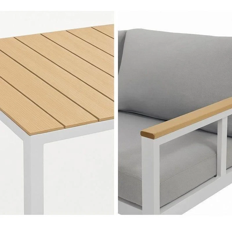 Salon de jardin d'angle 6 personnes - Aluminium - BAIA - canapé d'angle + 1 banc + table haute - Gris