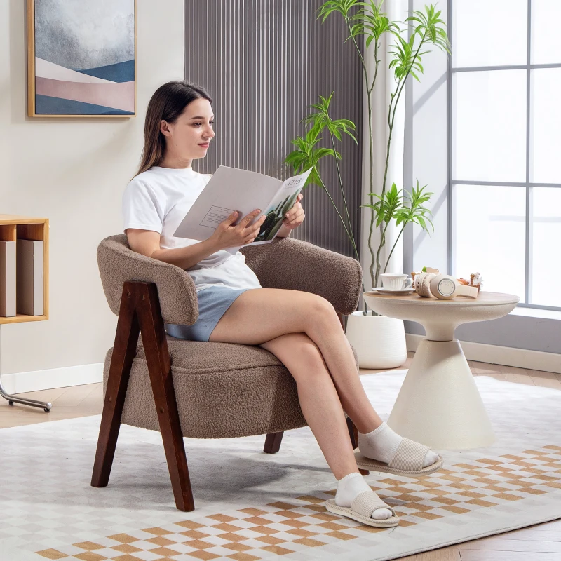 HOMCOM Fauteuil de salon en tissu bouclette, chaise rembourrée, assise large, dossier ergonomique, 70 x 64 x 71 cm, marron