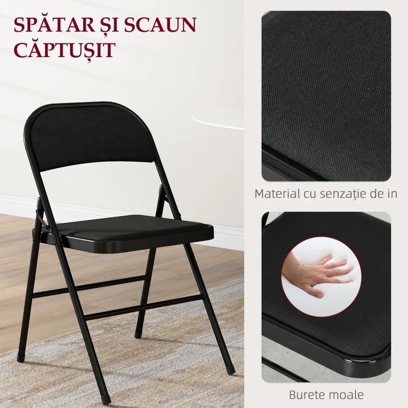 HOMCOM Set de 6 Scaune Pliabile cu Șezut Tapițat din Poliester și Cadru din Oțel, Negru