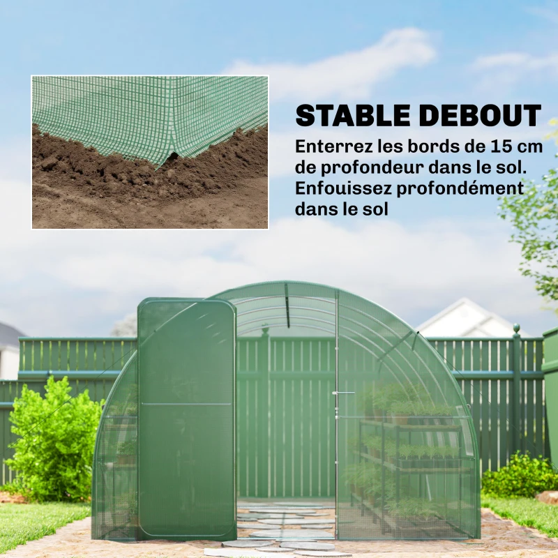 Outsunny Serre tunnel de jardin 12m², serre de jardin tunnel 295x400x200cm porte et 8 fenêtres, bâche PE 140 g/m² vert