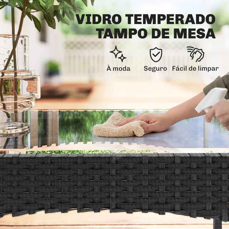 Outsunny Conjunto de Móveis de Jardim em Vime Sintético com Sofá Poltronas e Mesa de Vidro Temperado com Almofadas Preto e Creme