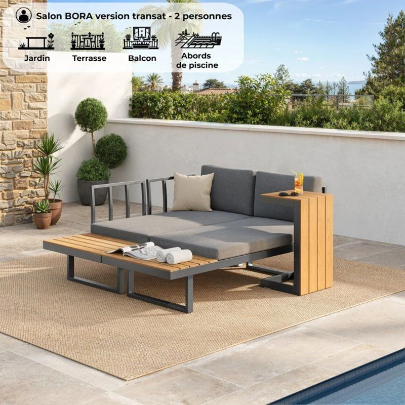 Salon de jardin BORA en aluminium 4 personnes - Modulable en canapé ou en transats