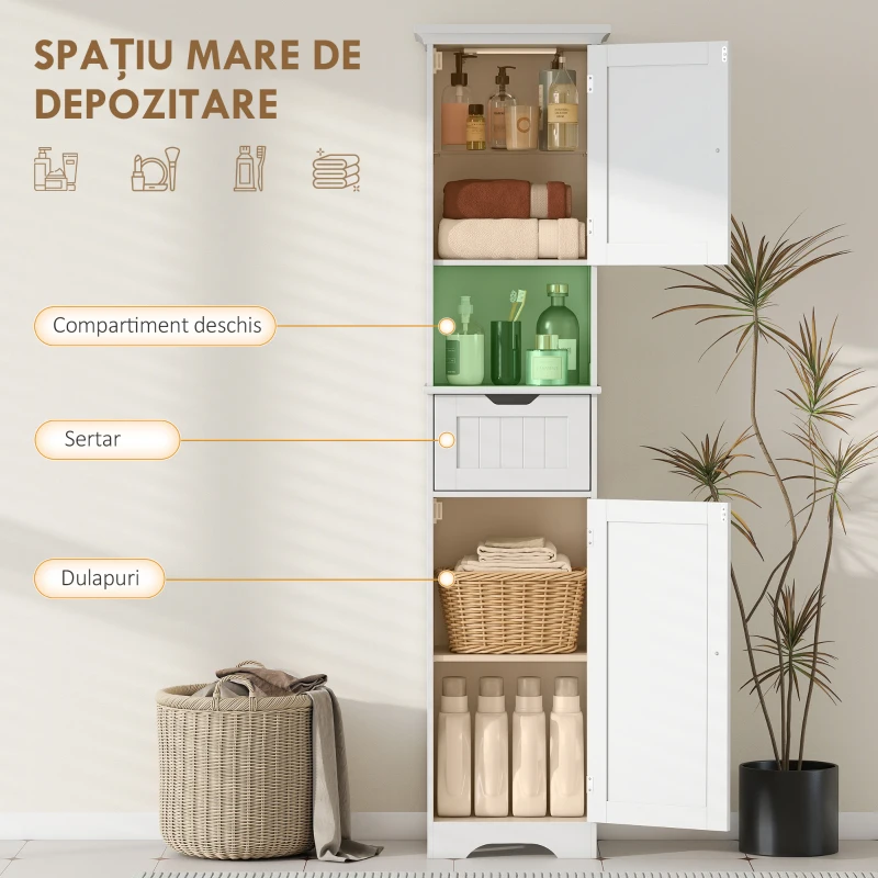 HOMCOM Mobilier Vertical de Baie Slim cu 2 Dulapuri cu Uși, LED cu Senzor, Mobilier Compact cu Raft Deschis, Sertar, Picioare Reglabile, 40x30x170 cm, Alb