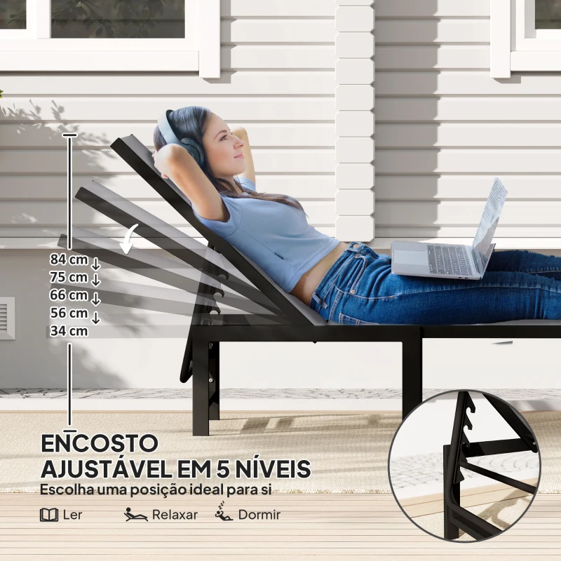 Outsunny Espreguiçadeira Reclinável de Jardim Exterior com Encosto Ajustável em 5 Posições e Estrutura de Aço 166x60x84 cm Cinzento