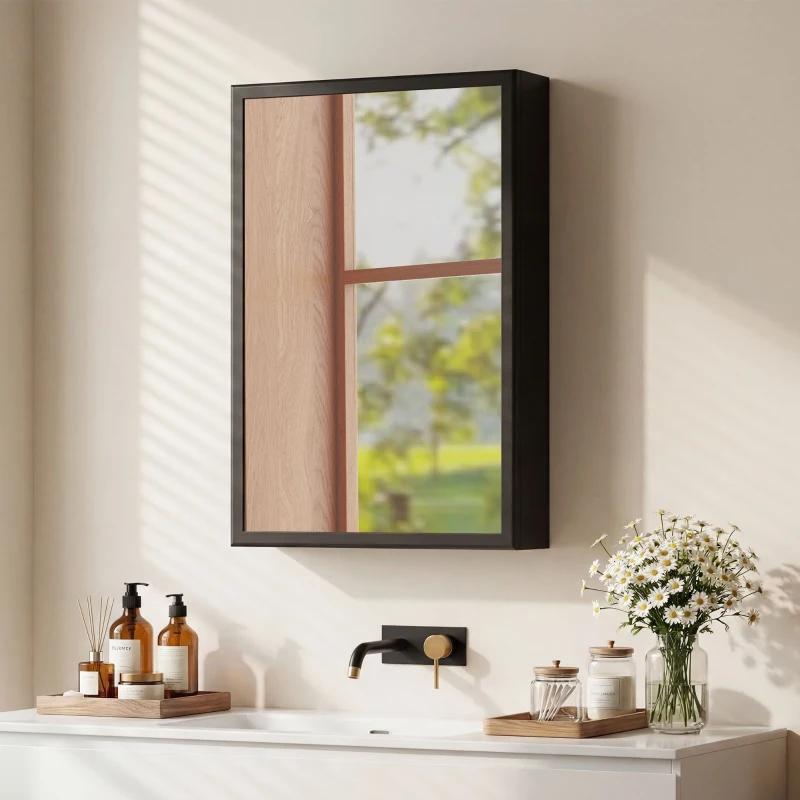 kleankin Armoire miroir de salle de bain armoire murale armoire à glace avec 1 porte et 2 étagères en acier 40 x 12 x 60 cm noir