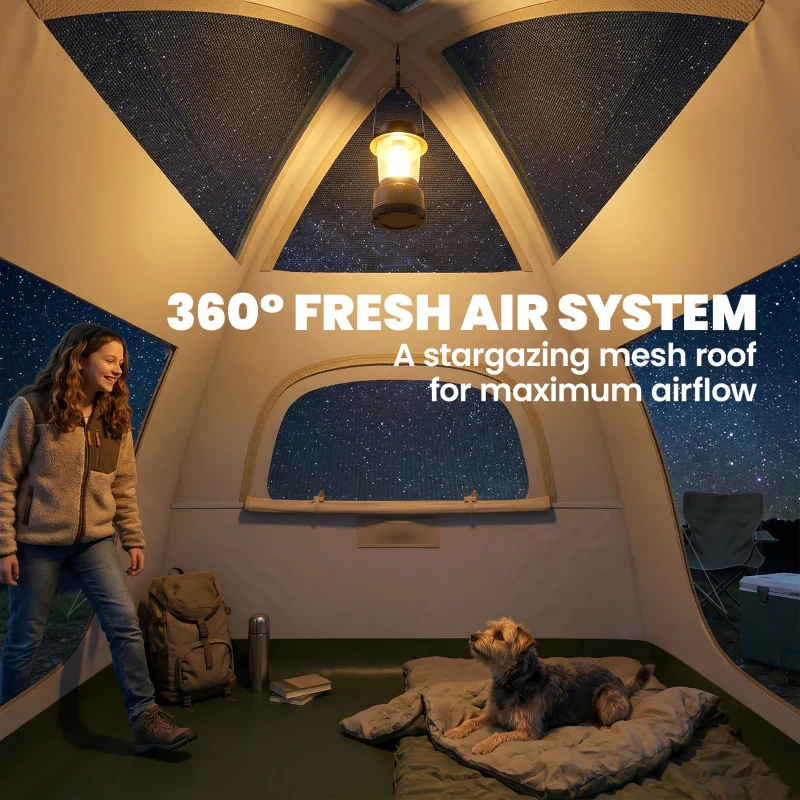 Outsunny Inflatable Camping Tent with Rainfly, 3 Man Air Tent 3000mm Waterproof Blow Up Tents, Beige