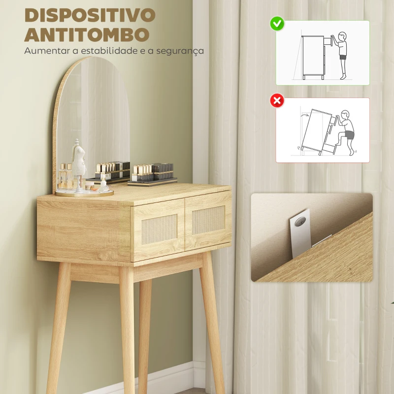 HOMCOM Toucador de Maquilhagem com Espelho Arqueado e 2 Gavetas com Frente em Vime para Espaços Pequenos 70x43,5x130 cm Madeira