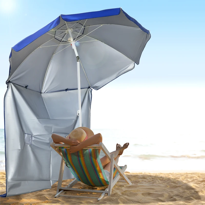 Outsunny Chapéu de Sol de Praia com Painel Lateral Manivela Manual Teto Inclinável 2 Bolsos e 2 Janelas Ø191x211 cm Azul