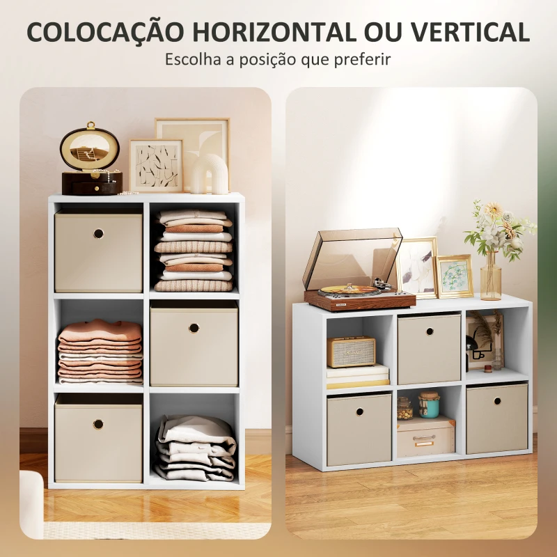 HOMCOM Estante Cubo Estante de Armazenamento Horizontal ou Vertical com 6 Compartimentos e 3 Gavetas de Tecido 53,7x30x79,8 cm Branco e Bege