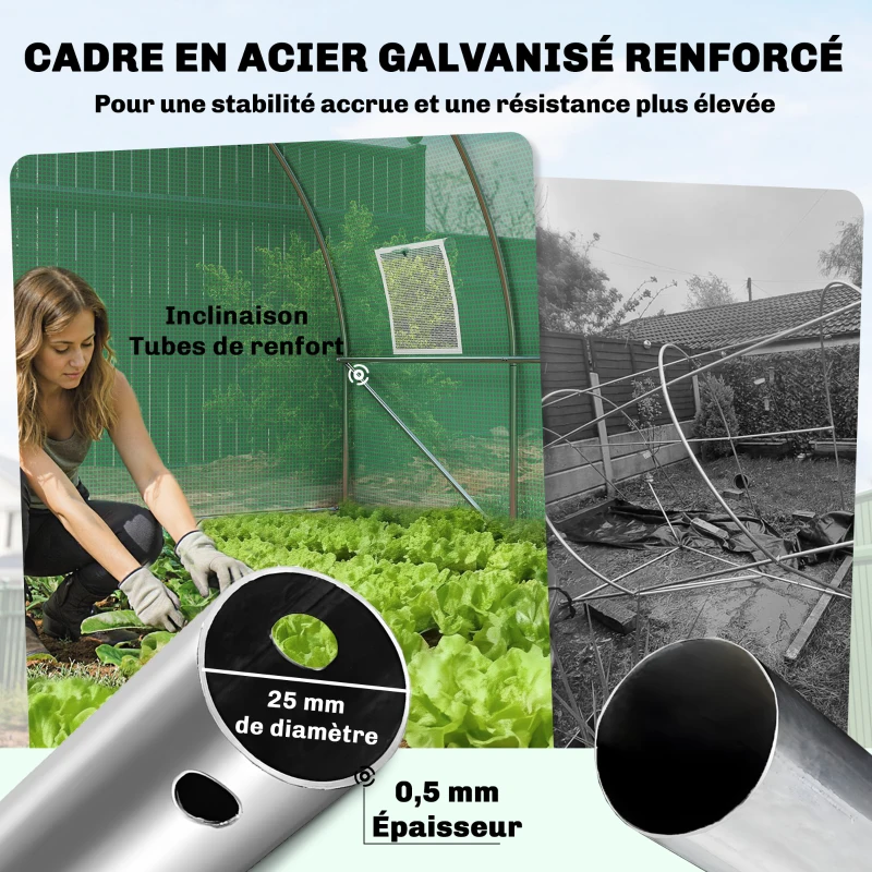 Outsunny Serre tunnel de jardin 12m², serre de jardin tunnel 295x400x200cm porte et 8 fenêtres, bâche PE 140 g/m² vert