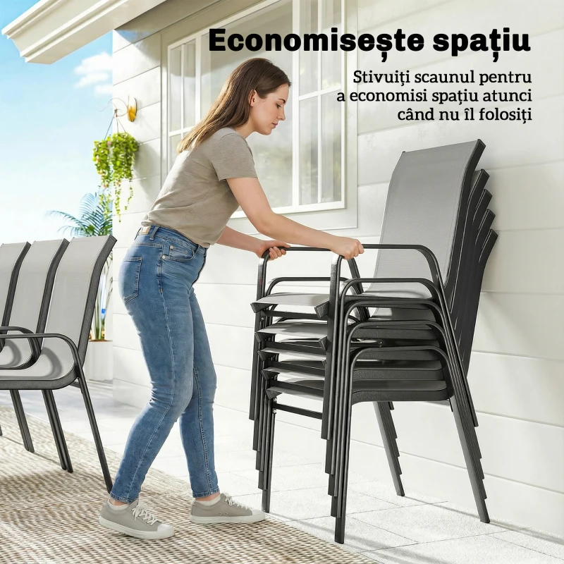 Outsunny Set de Masă de Grădină 9 Piese, Masă și Scaune pentru 8 Persoane, Set Exterior cu Blat din Sticlă Temperată, Gri