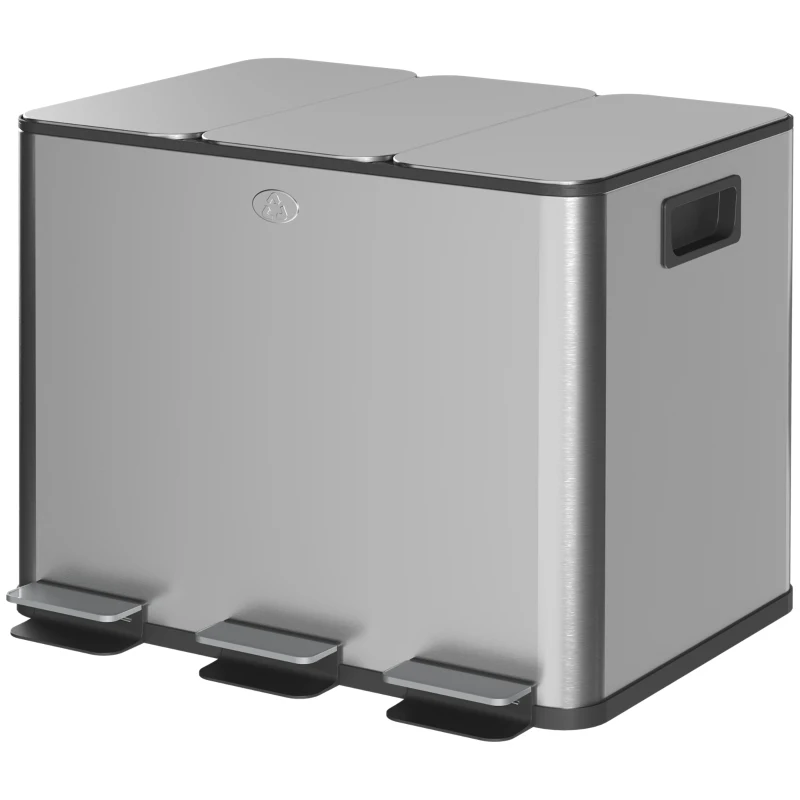 HOMCOM 3 x 20L Pedal Bin, Steel Triple Kitchen Bin with Soft Close Lid, Removable Inner Buckets, Fingerprint-Proof, Silver Tone