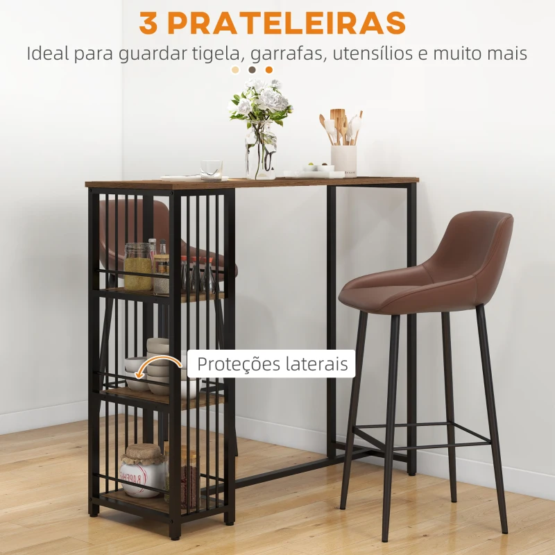 HOMCOM Mesa Alta de Cozinha com 3 Prateleiras Mesa de Bar Retangular para 2 Pessoas Pés de Aço 120x40x105 cm Castanho e Preto