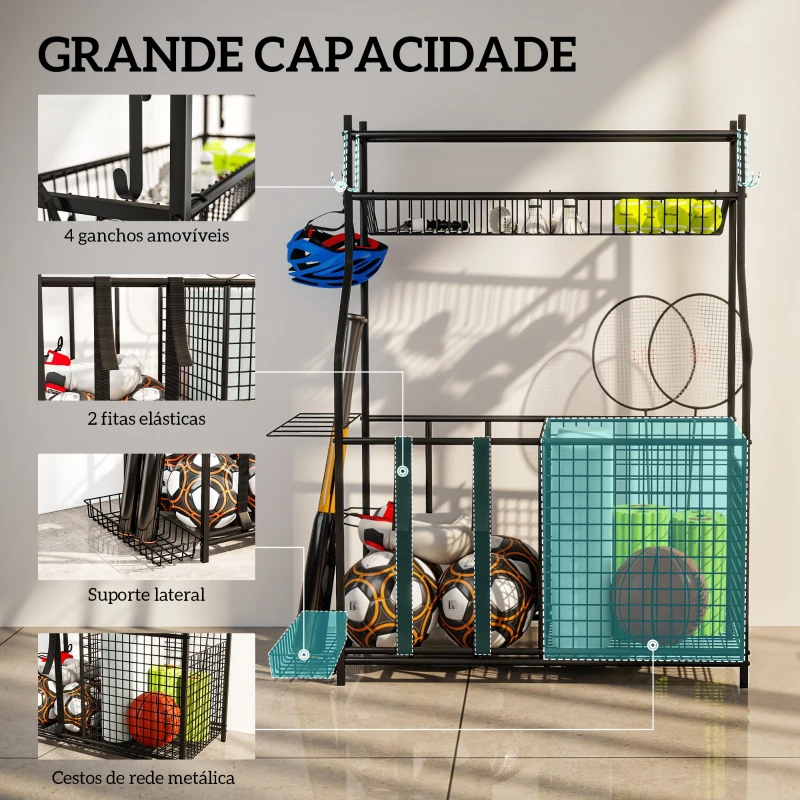SPORTNOW Organizador de Equipamentos Desportivos com Cesta Ganchos Removíveis e Faixas Elásticas Suporte para Bolas 92x42x109 cm Preto