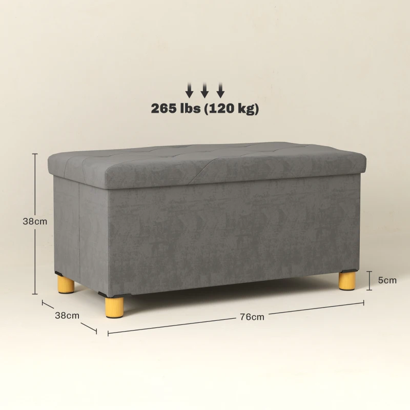 HOMCOM Banco de Armazenamento Dobrável Capacidade de 67 L  Estofado em Veludo Carga 120 kg 76x38x38 cm Cinza