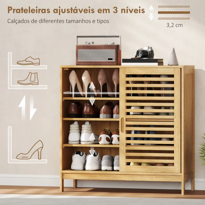 HOMCOM Sapateira de Bambu com 2 Portas de Correr de Ripas Sapateira de Entrada com Prateleiras Ajustáveis para 16 Pares de Sapatos 80x35x80 cm Madeira