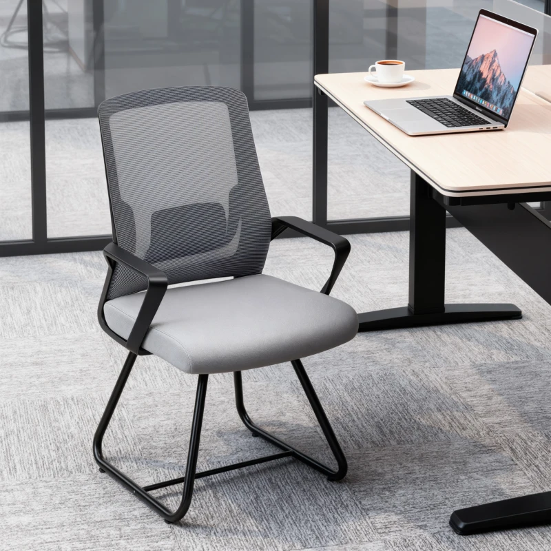 HOMCOM Desk Chair No Wheels, Office Chair with Mesh Back, Lumbar Support, Metal Base for Waiting Room, Conference Room, Dark Grey