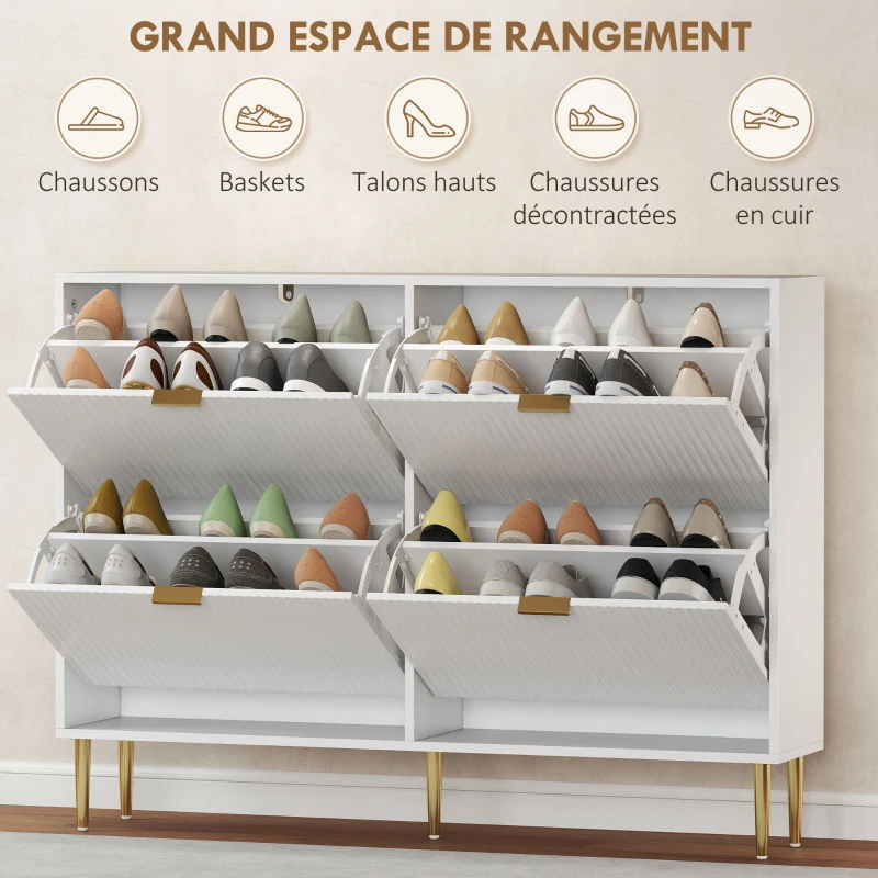 HOMCOM Meuble à chaussures 20 paires avec 4 tiroirs rabattables, portes cannelées et étagères réglables, 105x24x91,5cm, blanc
