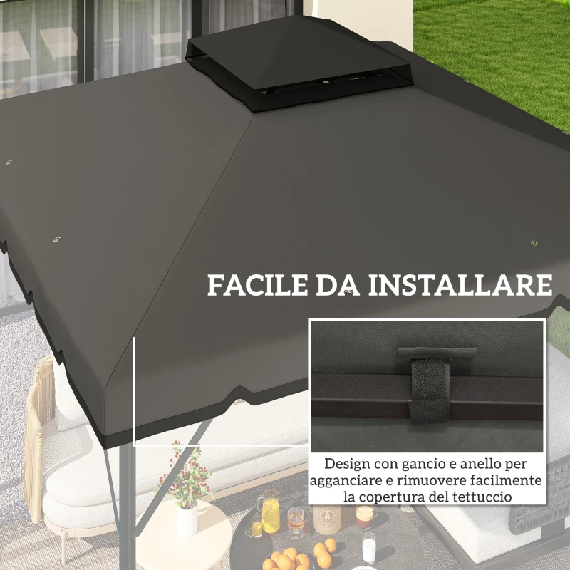 Outsunny Copertura per Gazebo 3x3 m a 2 Livelli con 8 Fori di Drenaggio, in Poliestere Grigio Chiaro e Scuro