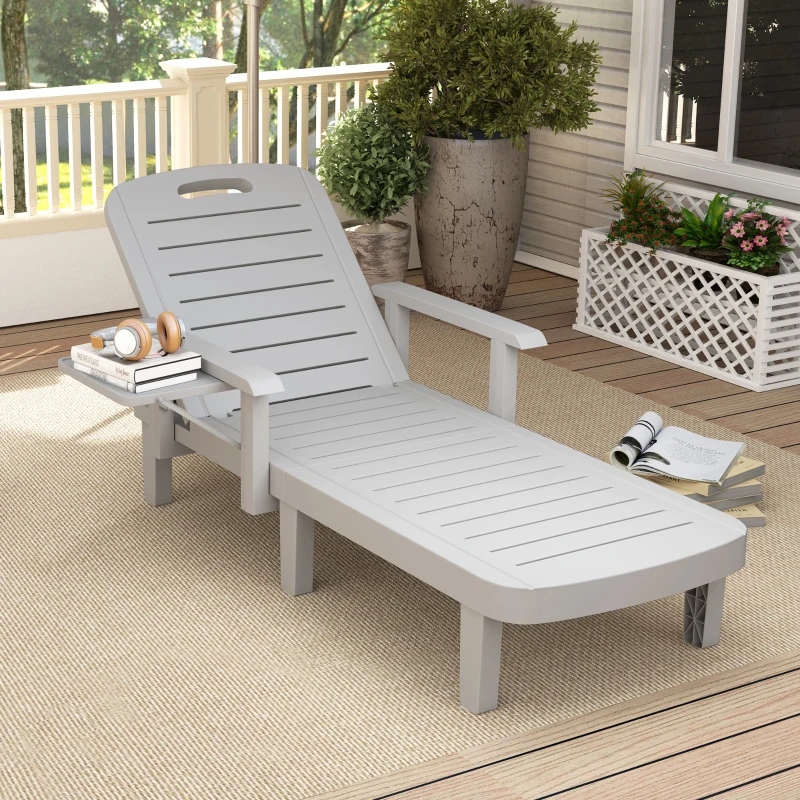 Outsunny Sdraio da Giardino Regolabile con Tavolino e Braccioli, in Polipropilene, 79x158x88 cm, Grigio Chiaro