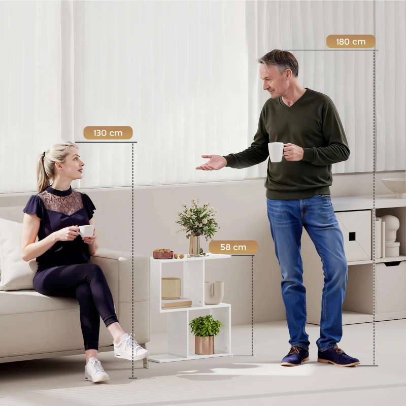 HOMCOM Side Table, Narrow End Table with Storage Shelves, S-Shaped, 3-Tier, 50W x 19.5D x 58H cm, White