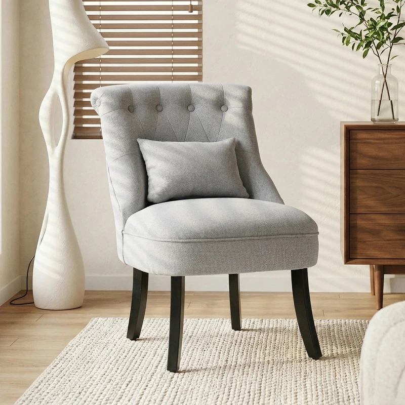 HOMCOM Fabric Single Sofa Dining Chair Tub Chair Upholstered W/ Pillow Solid Wood Leg Home Living Room Furniture Grey